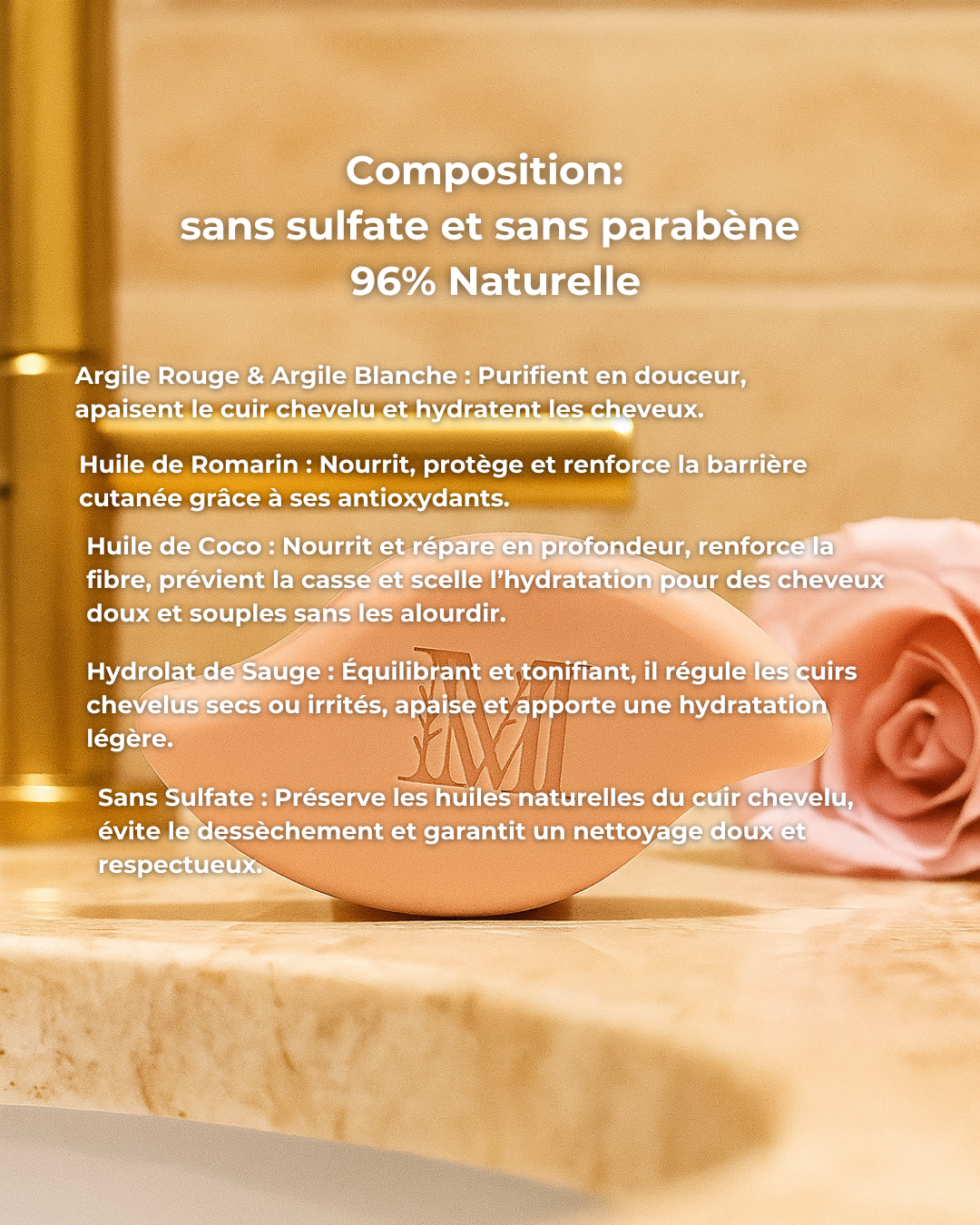 Shampoing solide hydratant sans sulfate Rose -  Cheveux mixtes et anti cheveux secs