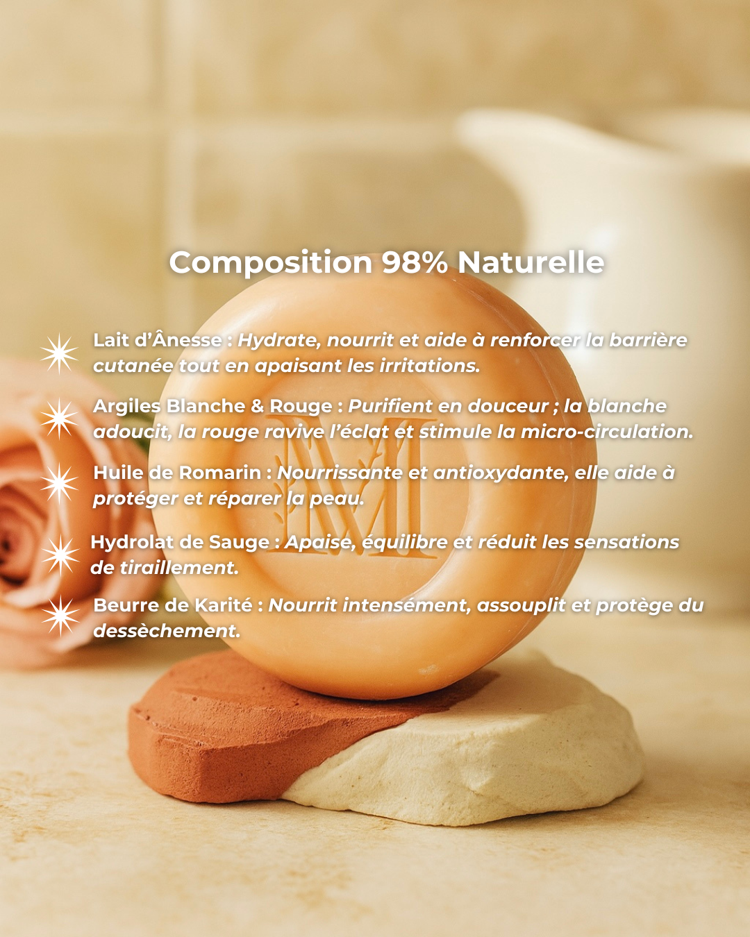 Nettoyant visage solide doux Rose - Peau mixte à sèche, anti tiraillements, teint éclatant