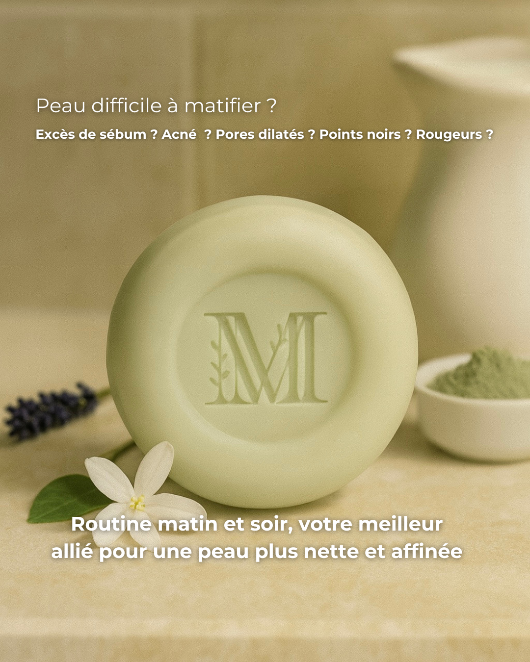 Nettoyant visage solide doux régulateur Fleurs de Jasmin- Régulateur, anti imperfections, acné,