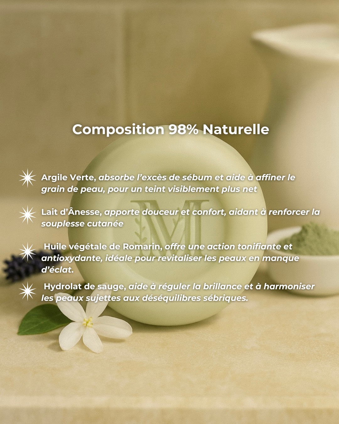 Nettoyant visage solide doux régulateur Fleurs de Jasmin- Régulateur, anti imperfections, acné,