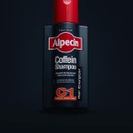 Close-up de shampoing Alpecin à la caféine avec bouchon rouge sur fond sombre