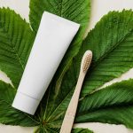 Top view of white mockup tube of natural toothpaste and eco friendly bamboo toothbrush placed flat on big green chestnut leaf on light wooden surface Vue de dessus d'un tube blanc vide de dentifrice naturel et d'une brosse à dents en bambou écologique placés à plat sur une grande feuille de châtaigne verte sur une surface en bois clair